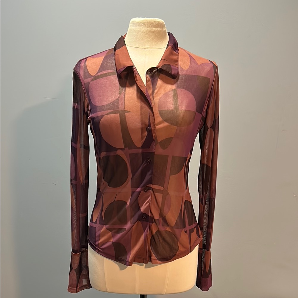 Vintage Multi- Color Purple/Brown/ Pink Sheer Long Sleeve Button Down Shirt